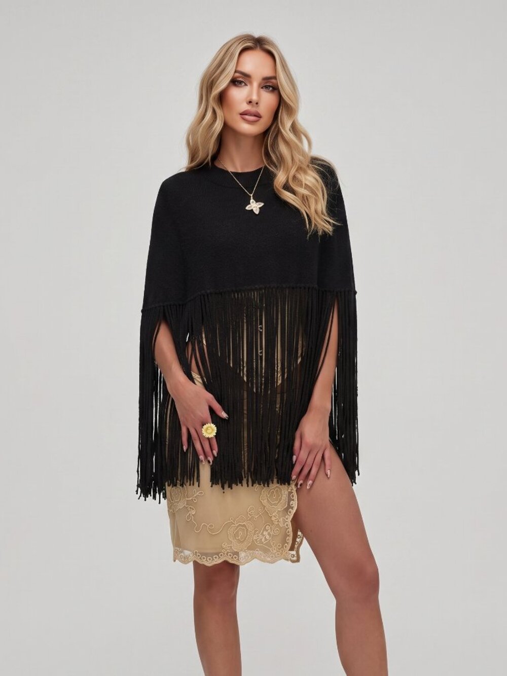 Women's Black Knit Fringe Poncho Cape Top Crew Neck Asymmetric Tassel Sweater
